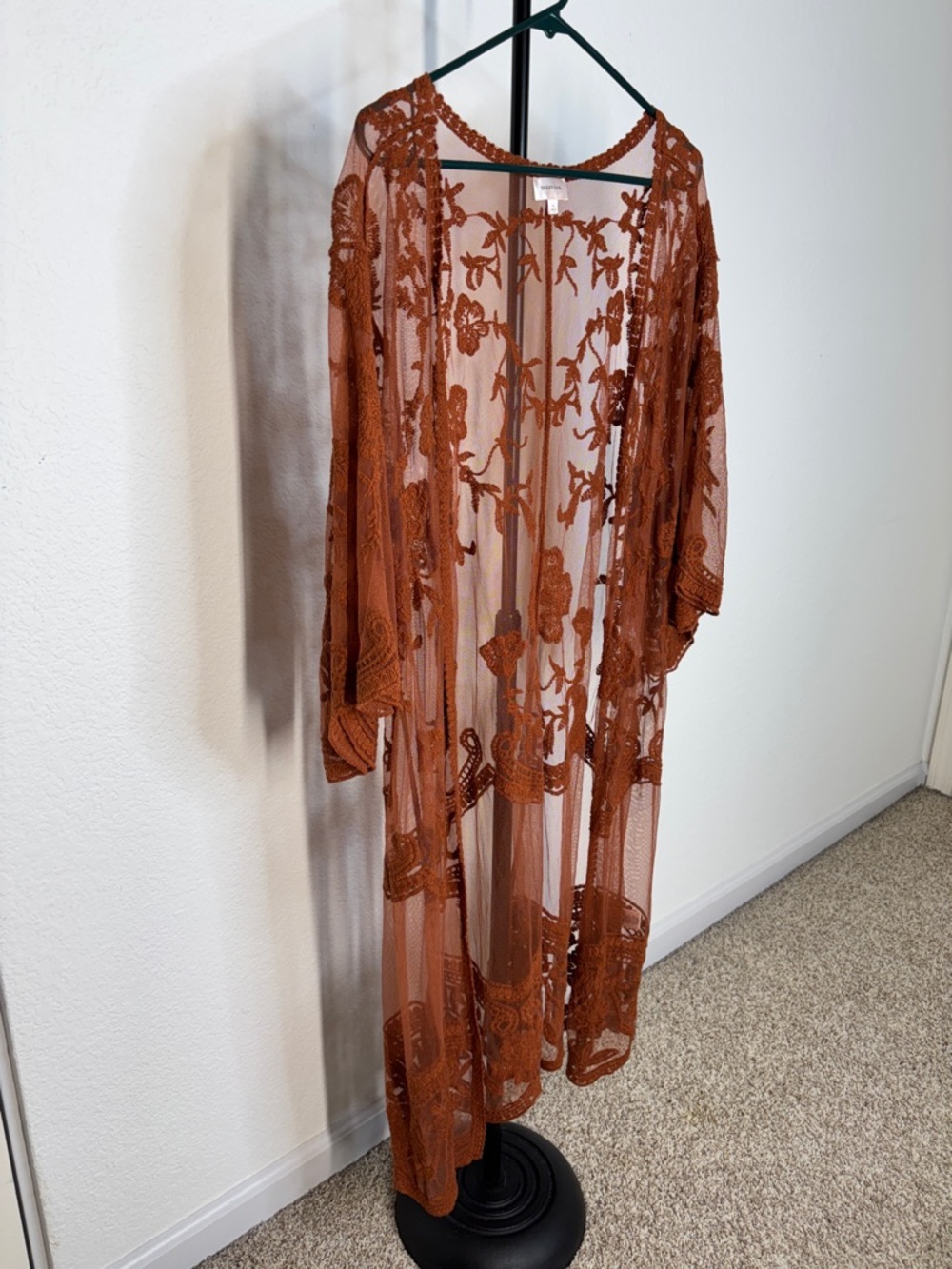 Dizzy Gal Sheer Embroidered Floral Lace Rust Brown Kimono Duster XL - Picture 6 of 12